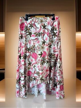 New Directions Women’s Pink & Olive Floral High-Low Faux Wrap Skirt-12-EC